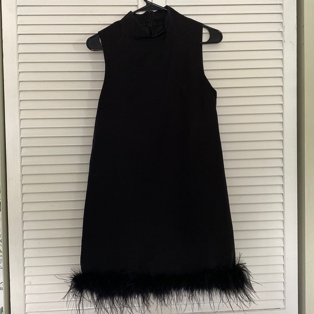 Black, fur trim dress, 100% polyester